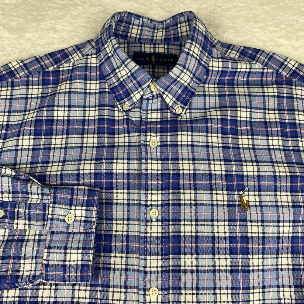 Ralph Lauren Shirt Mens Large Red Blue Plaid Regular Fit Long Sleeves